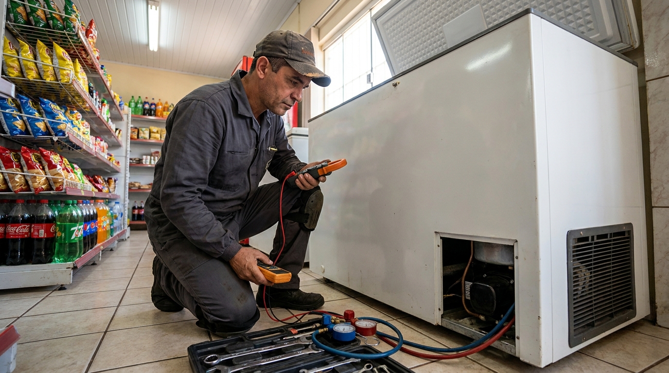 Reparo da placa eletrônica de um freezer em atendimento em Goiânia‑GO