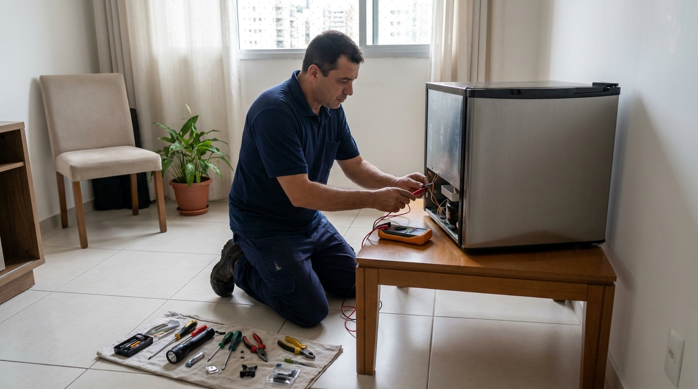 Técnico avaliando um frigobar compacto durante atendimento em Goiânia‑GO